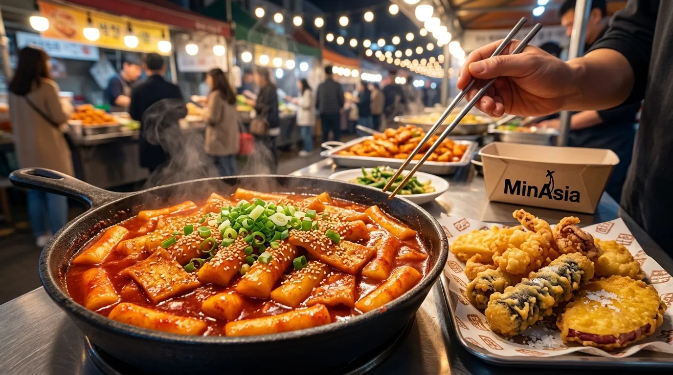 Prato de tteokbokki picante, famosa comida coreana de rua vendida em mercados noturnos.
