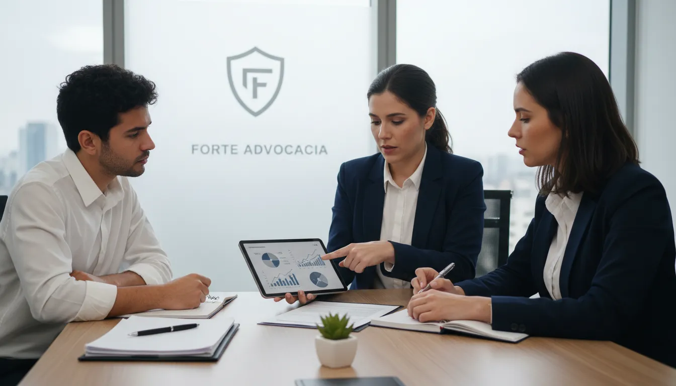 Advogado explica regras do saque aniversário FGTS para clientes em escritório jurídico moderno e claro.