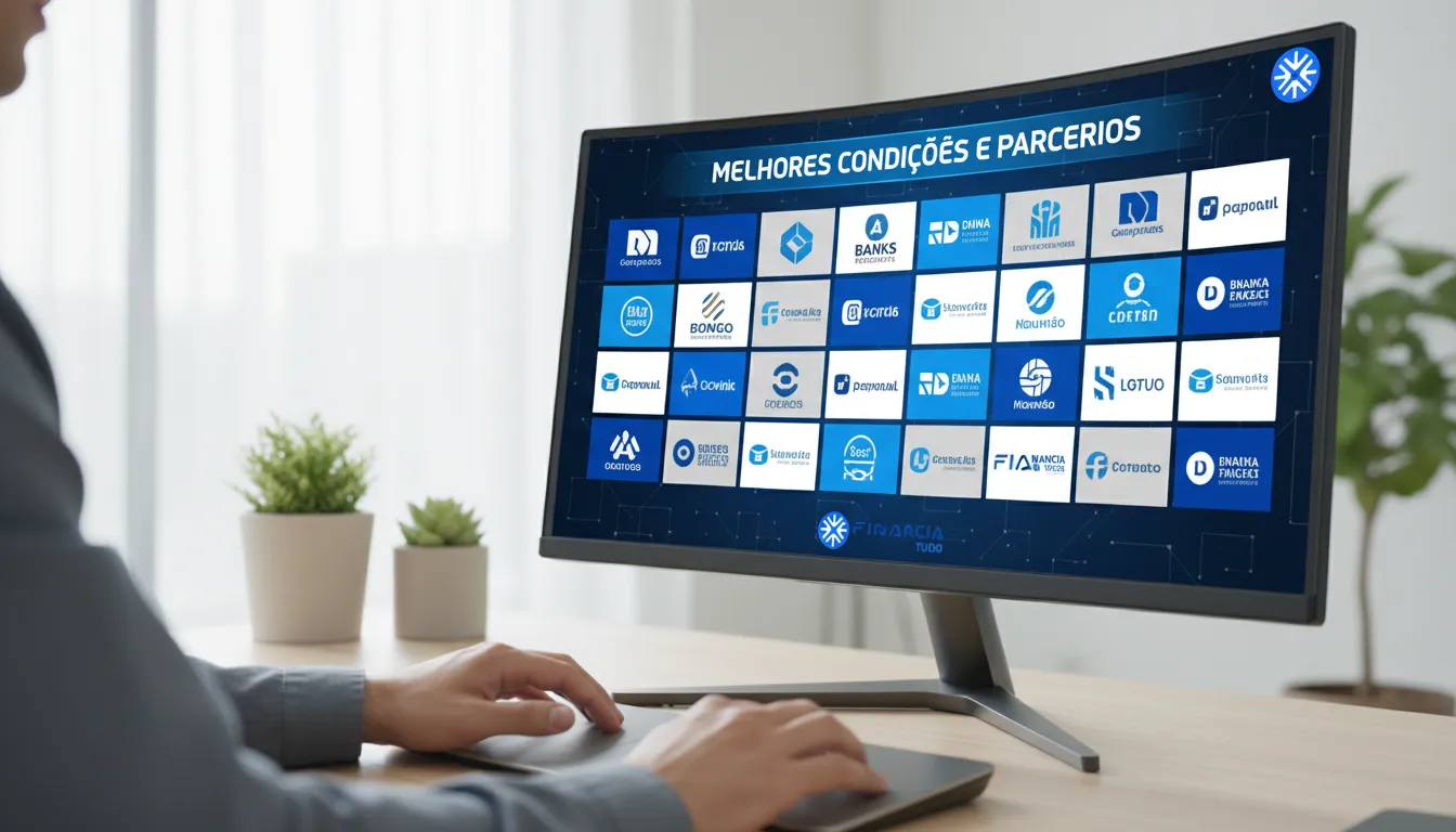 Tela digital mostra bancos parceiros e opções competitivas de financiamento de caminhão para autônomos, destacando agilidade.