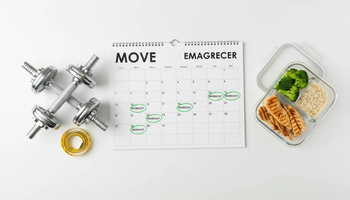 Visão superior de um calendário com dias de treino marcados, ilustrando a frequência ideal de quantos dias treinar por semana para alcançar o emagrecimento.