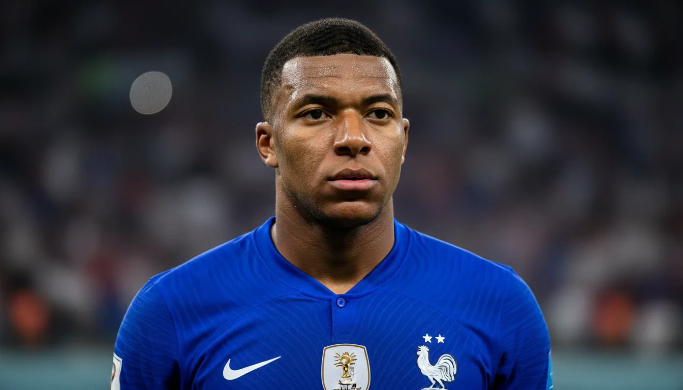 Retrato de Kylian Mbappé focado e determinado a ganhar a bola de ouro copa 2026, vestindo a camisa da França.
