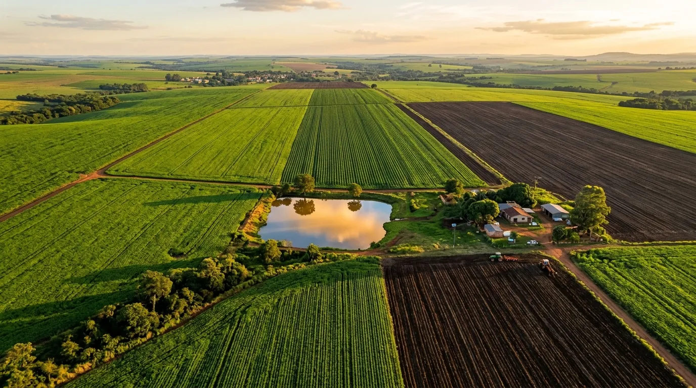 Vista aérea revela belo cenário de plantações agrícolas brasileiras durante a época de verão.