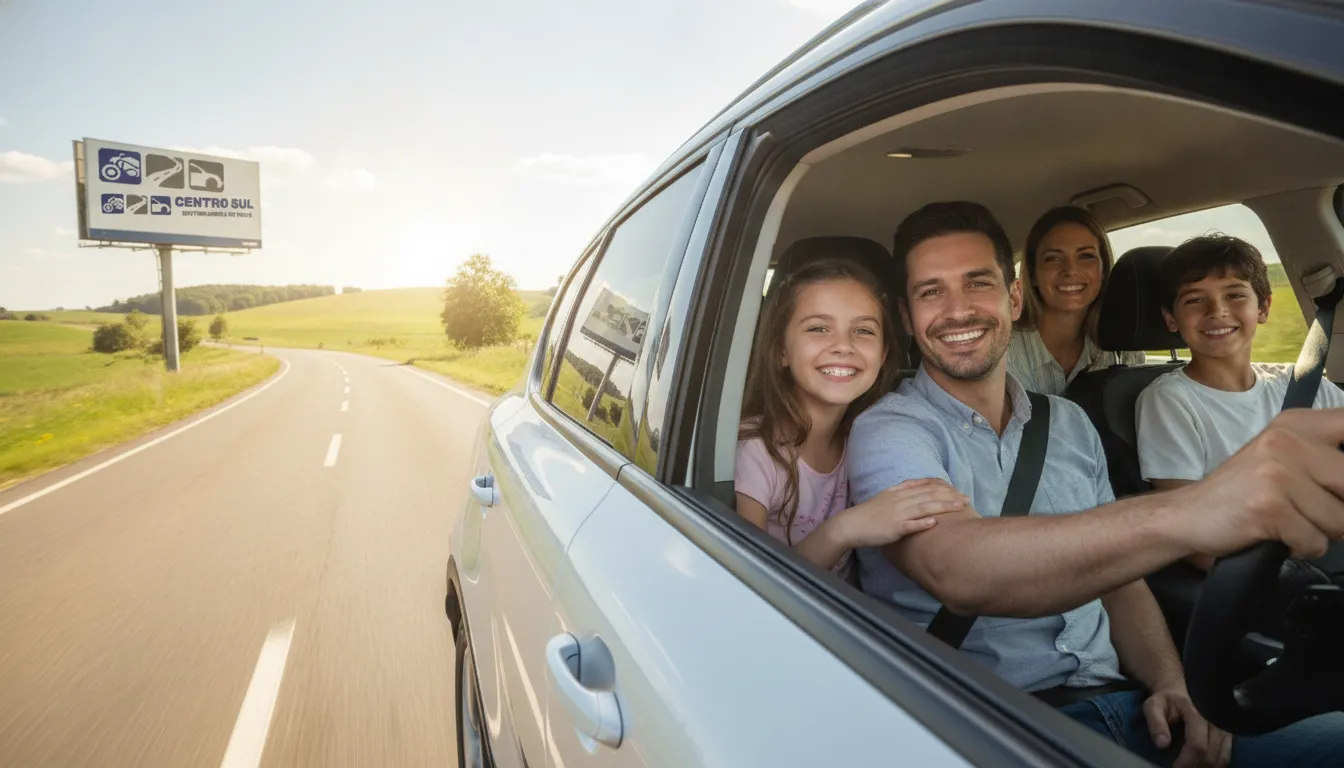 Família feliz viajando em carro seguro, simbolizando economia inteligente e confiabilidade do pneu recauchutado.
