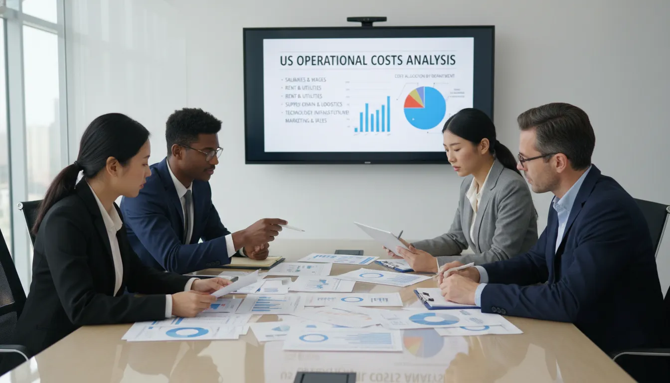 Empresários analisando documentos financeiros em reunião sobre custos operacionais nos EUA