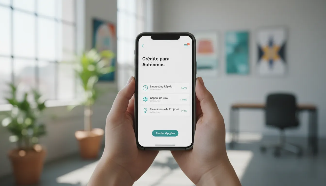 Aplicativo no smartphone exibindo opções de empréstimo para autônomos em ambiente contemporâneo.