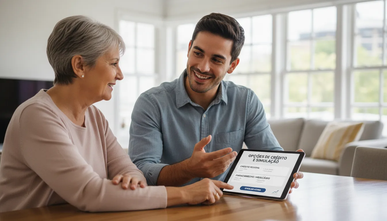 Pessoa orientando alguém mais velho sobre simulação de crédito em tablet, transmitindo confiança.