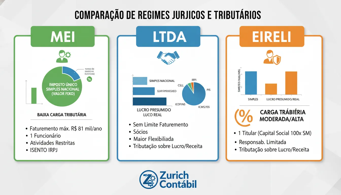 Infográfico comparando diferentes naturezas jurídicas de empresa e suas implicações fiscais, com o selo da Zurich Contábil.
