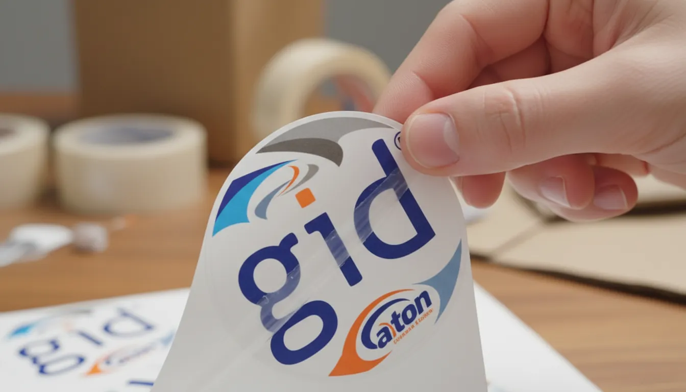 Close-up de uma embalagem personalizada com adesivo sendo removido, destacando a qualidade da impressão e o detalhe do design.