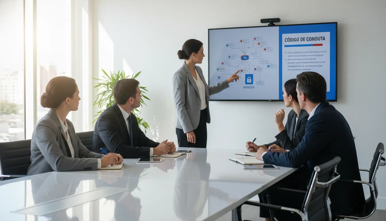 Equipe discutindo código de conduta e estratégias para mitigar conflito de interesses, promovendo um ambiente de transparência e ética empresarial.