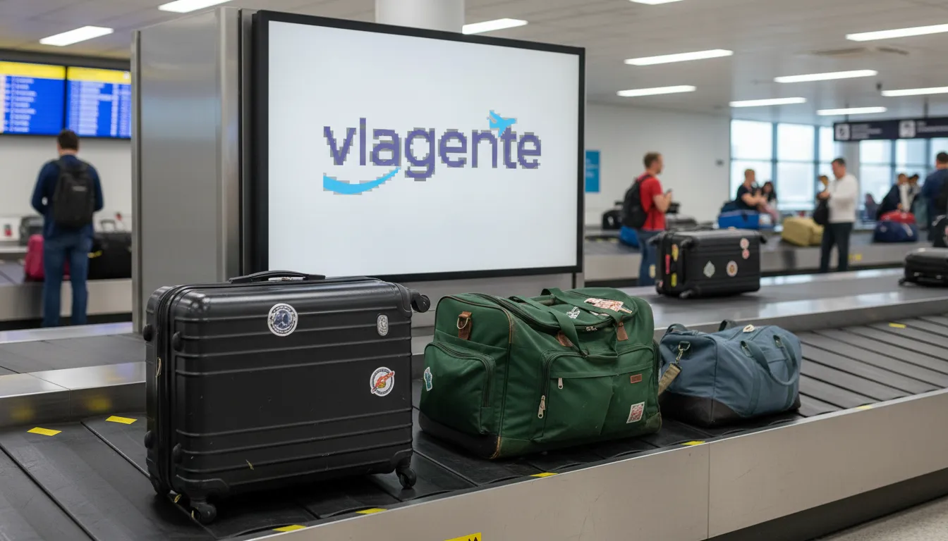 Close-up de vários tipos de mala de viagem organizada em uma esteira de bagagem no aeroporto, texturas e detalhes.