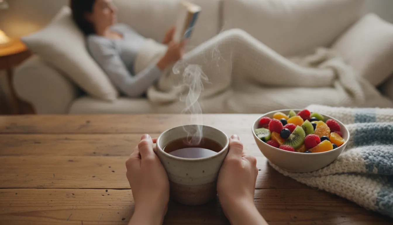 Recompensa saudável: chá e frutas após o treino, mantendo a motivação para treinar no frio com autocuidado.
