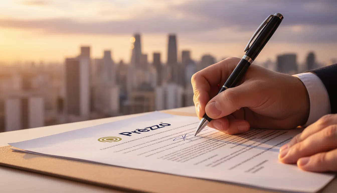 Mão assinando documento financeiro com logo Prezzo Contábil ao fundo, representando contabilidade para empresas de tecnologia em SP.