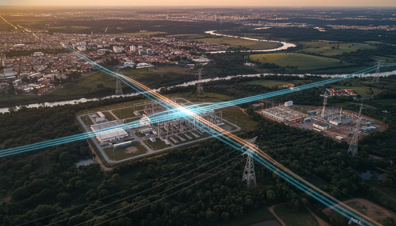 Vista aérea da infraestrutura de energia com conectividade M2M segura para uma smart grid resiliente.