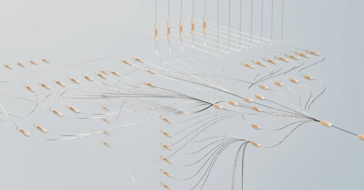 Fluxo de dados representando inteligência de mercado com ia arquitetura crescimento startups, oportunidades e conexões de negócios.
