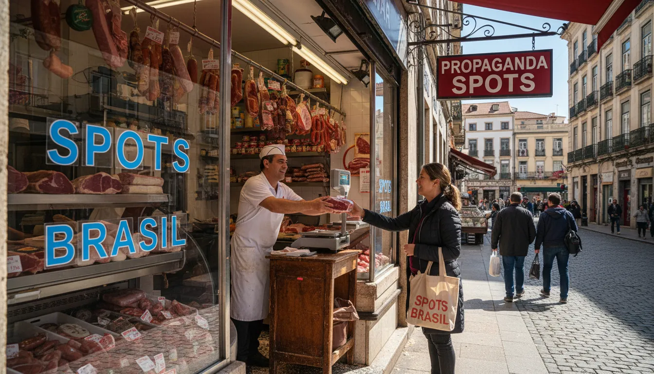 Um açougue movimentado com propaganda porta de loja da Spots Brasil, mostrando um açougueiro atendendo um cliente.