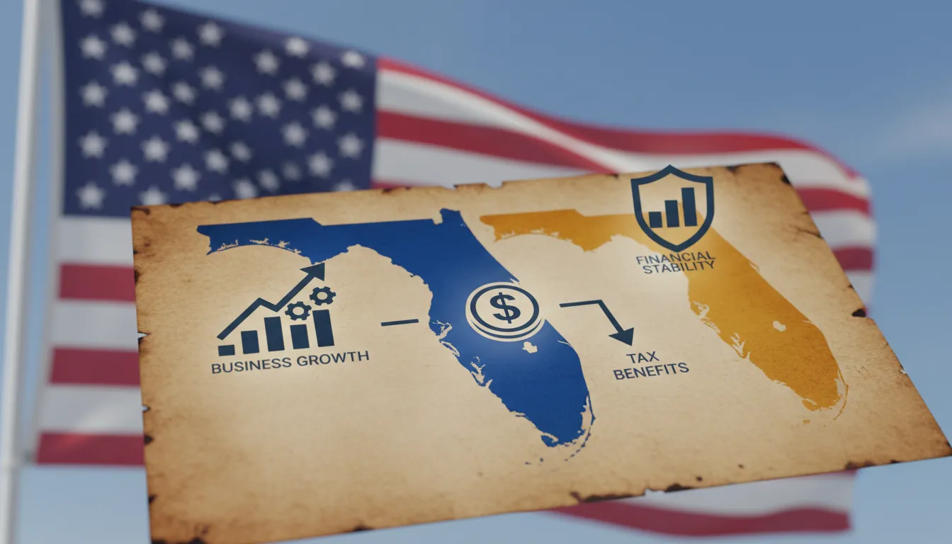 Mapa dos EUA destacando Delaware e Flórida, mostrando os benefícios de cada estado para auxiliar na decisão: onde abrir sua empresa.