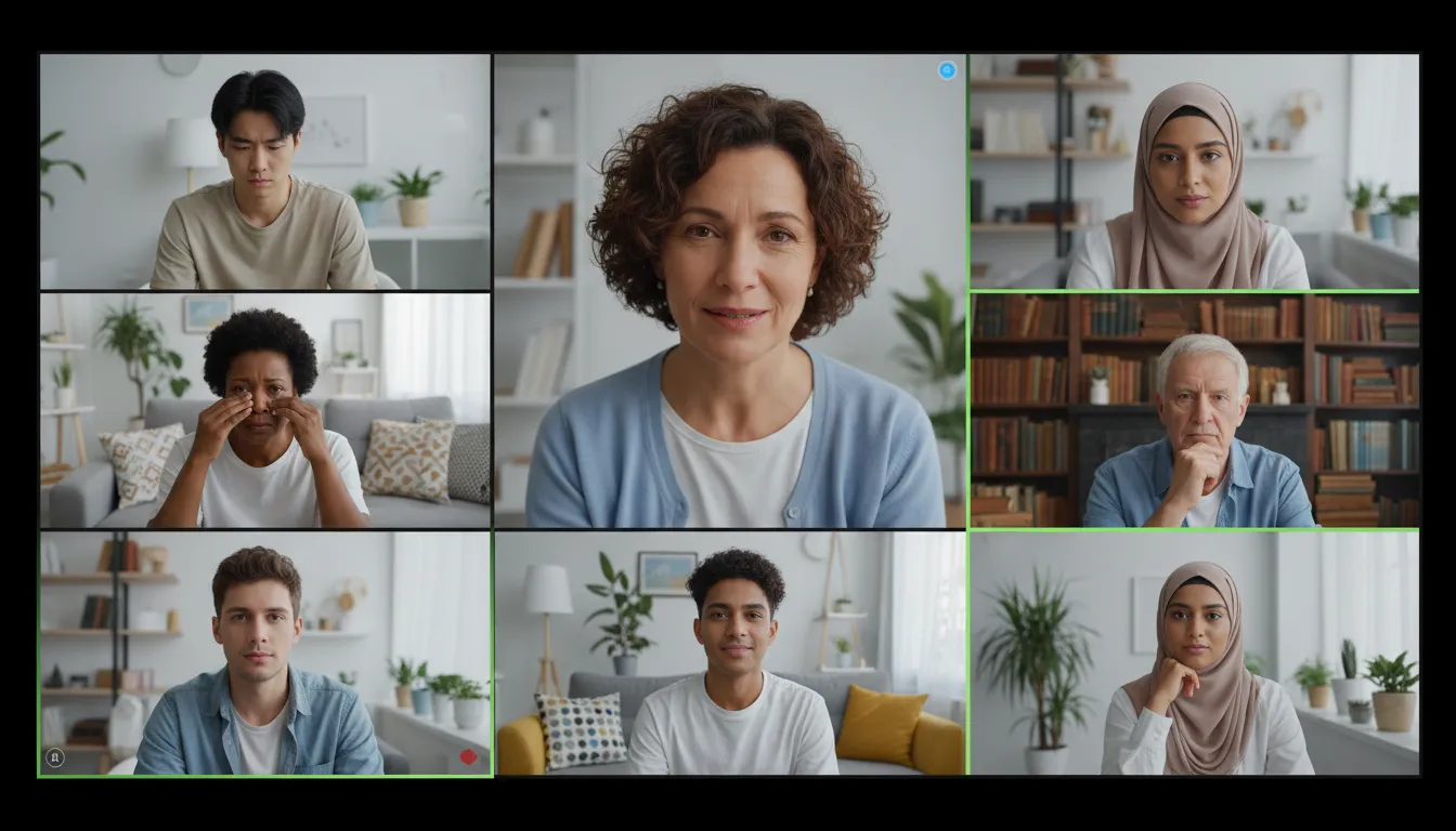 Grupo diverso participando de terapia online, compartilhando experiências e buscando soluções para ansiedade e depressão.