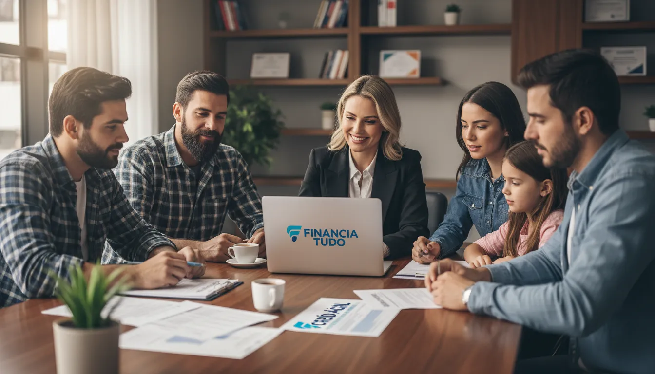 Grupo diverso revisando documentos de financiamento de caminhão com o logo da Financia Tudo em um laptop, representando uma simulação de crédito acessível.
