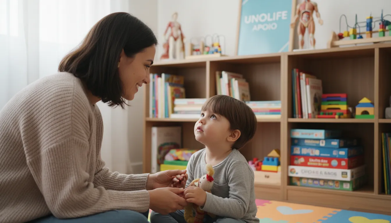 Terapeuta interagindo com uma criança durante uma sessão de terapia, representando o apoio nos diferentes níveis de suporte do autismo. Unolife.