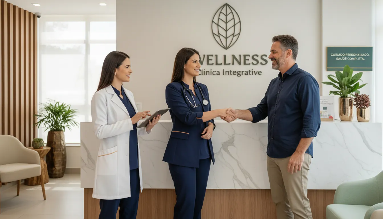 Equipe de clínica wellness recepciona paciente feliz em ambiente acolhedor e sofisticado.