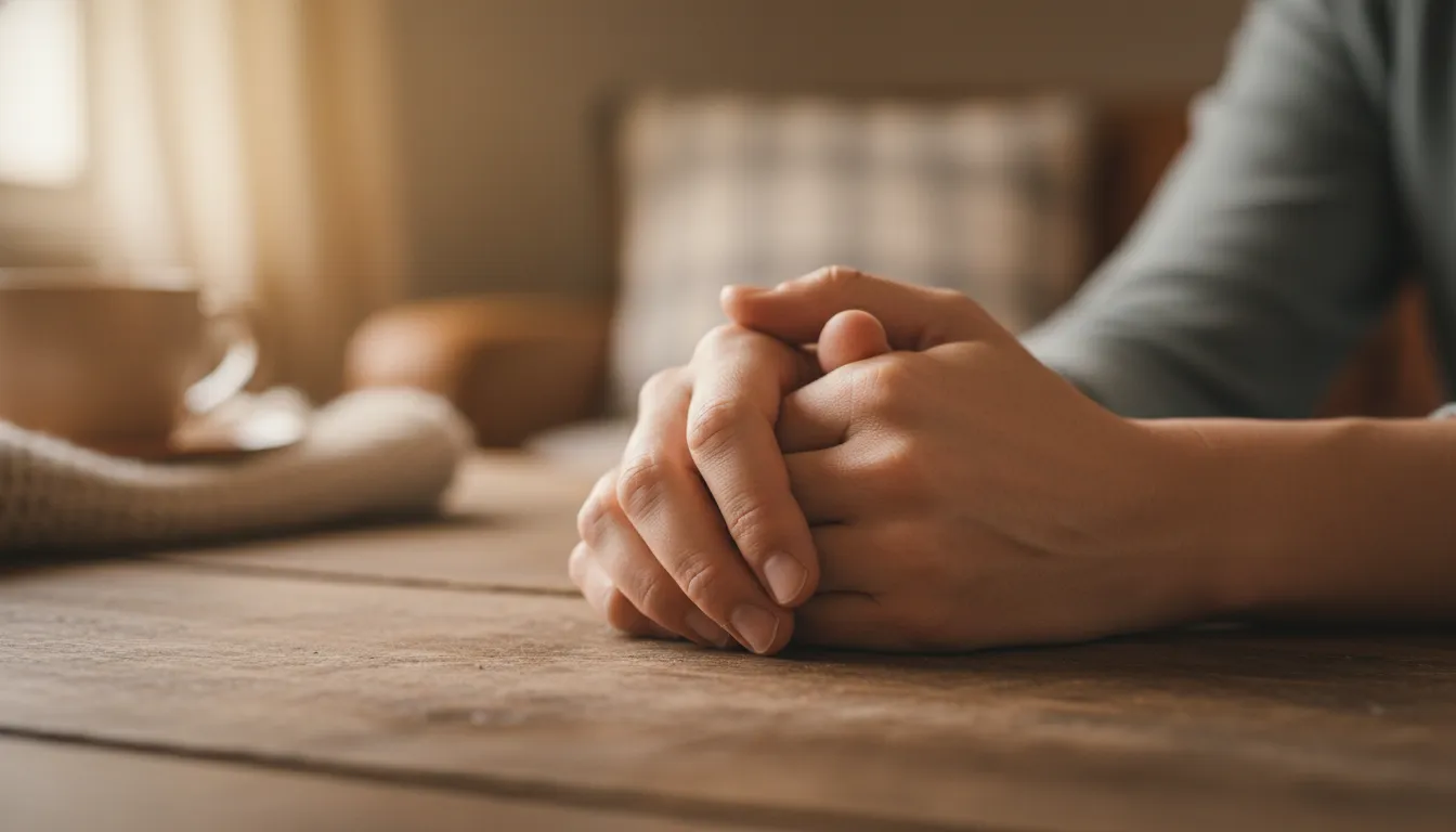 Mãos se seguram em gesto de conforto, simbolizando a busca por bem-estar. Psicólogo online oferece suporte.