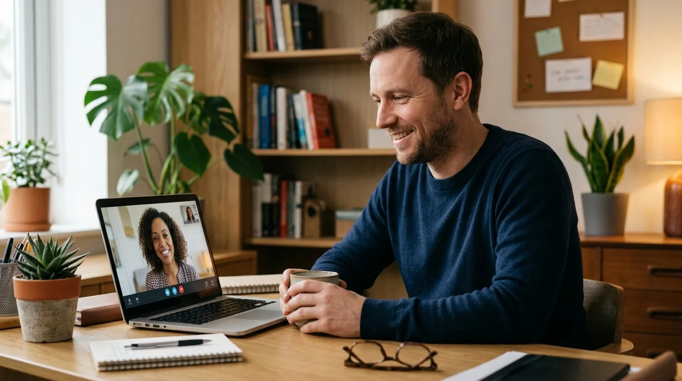 Homem em consulta online buscando apoio para manter rotina saudável mental.