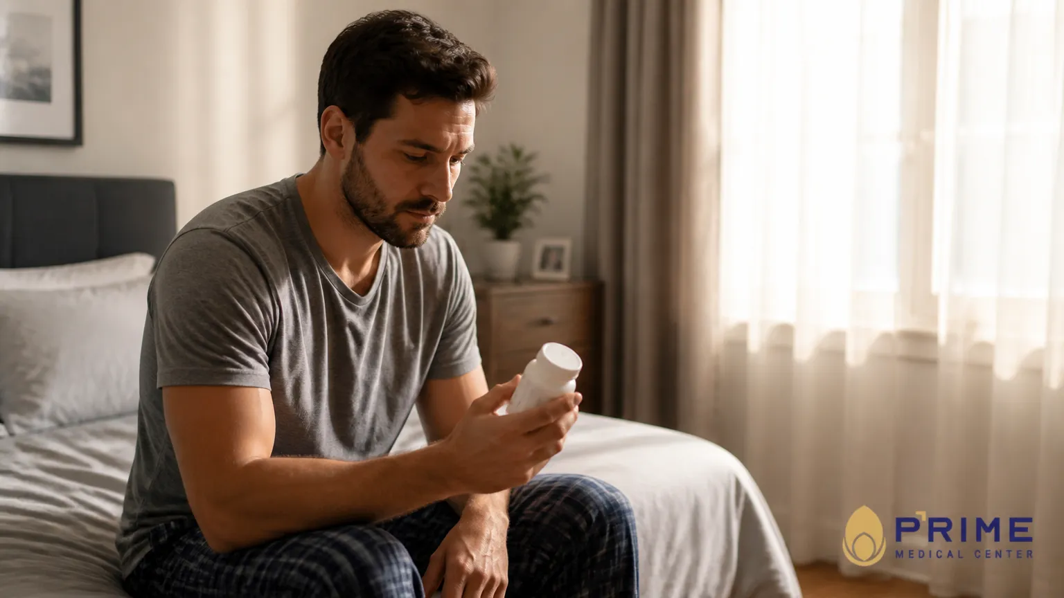 Homem avaliando uso de finasterida e possíveis efeitos colaterais na saúde sexual masculina.