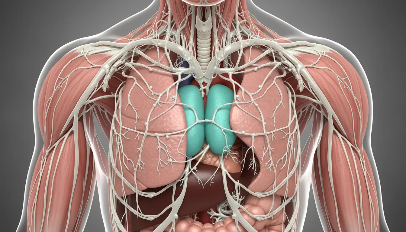 Realistic anatomical illustration shows the human thymus organ of the body connected to lymphatic system.