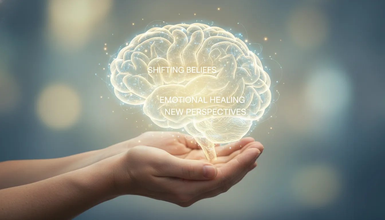 Mãos segurando cérebro brilhante, simbolizando transformação interior por meio do Thetahealing.