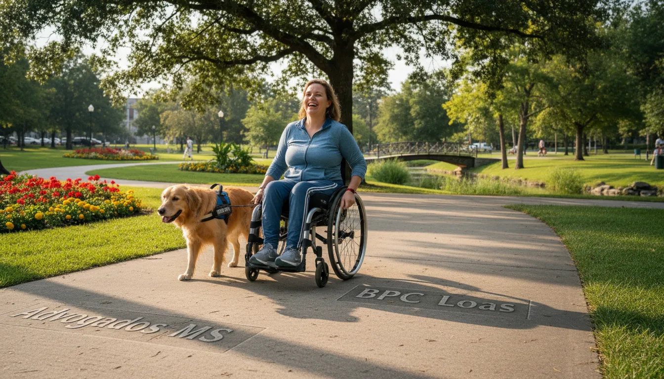Pessoa com deficiência em cadeira de rodas no parque, sorrindo com cão guia. Ilustra o direito ao BPC Loas - deficiente, com Advogados MS.