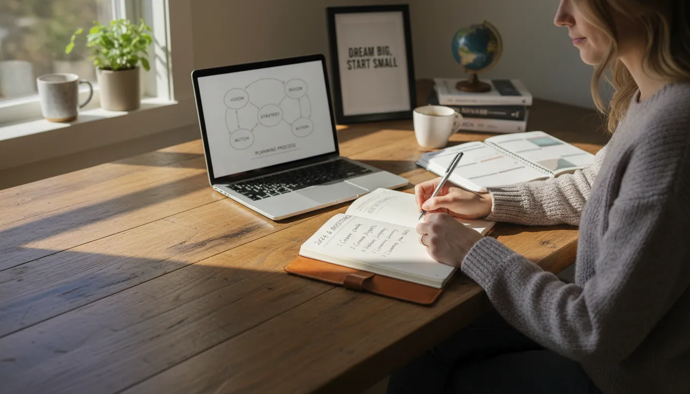 Pessoa revisando metas para 2026 e escrevendo um planejamento pessoal em ambiente tranquilo.