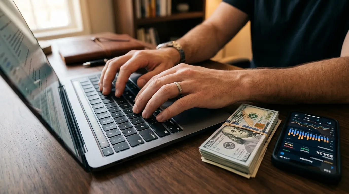 Mesa de trabalho com notas americanas mostrando como ganhar em dólar na internet com negócios online.