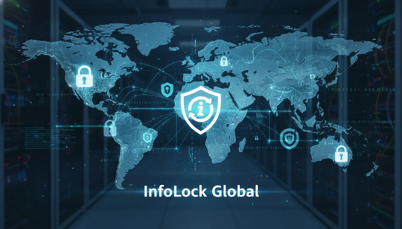 Mapa-múndi de alta resolução com protocolos de segurança digital e criptografia, destacando a segurança na transferência internacional de dados com a proteção da InfoLock.
