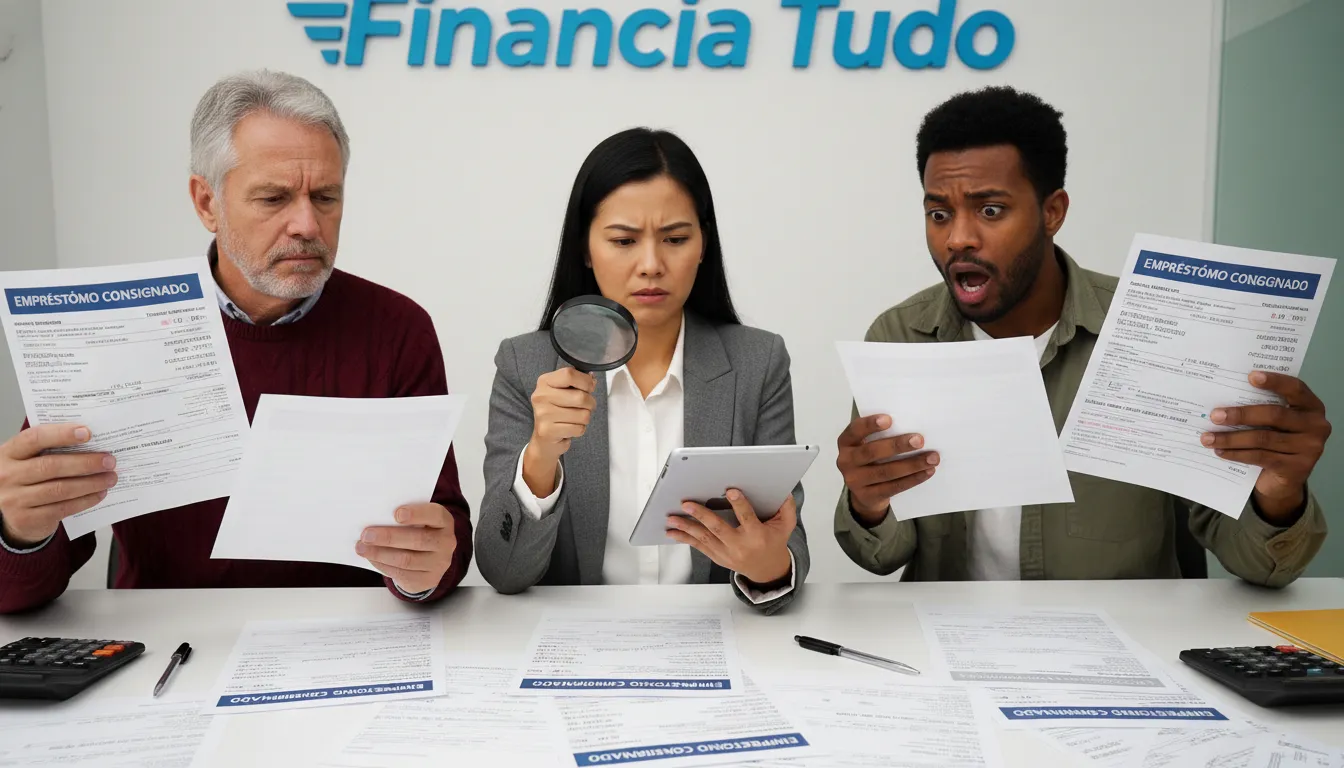 Grupo diversificado de pessoas confusas ao comparar ofertas de empréstimo consignado, buscando informações sobre como funciona o empréstimo consignado, com o logo da Financia Tudo ao fundo.