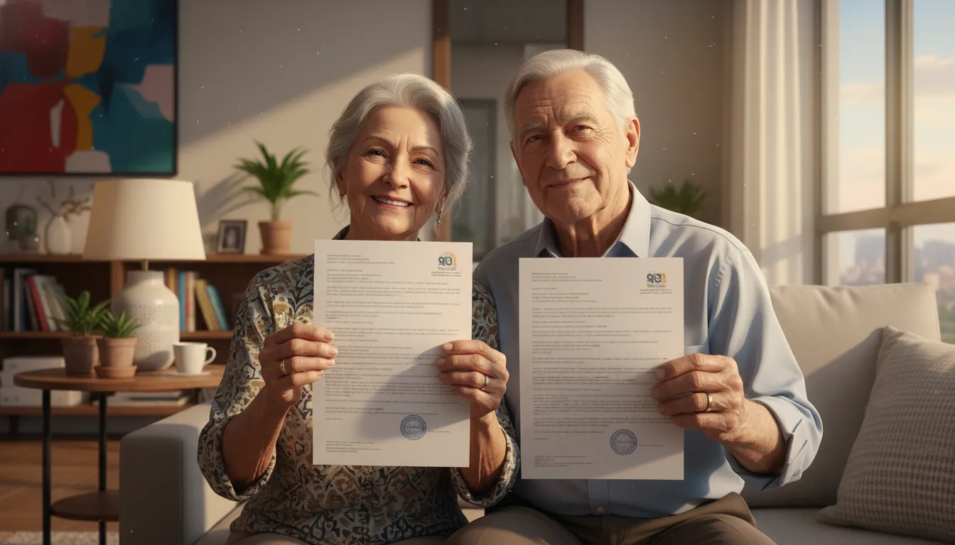 Casal idoso celebra com documentos, representando os benefícios da revisão da vida toda na aposentadoria.