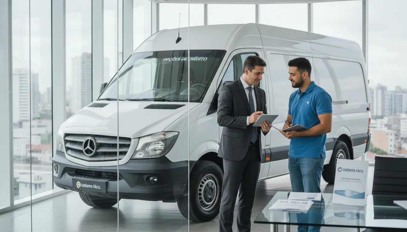 Consultor explica opções de empréstimo para motorista de van em ambiente profissional.