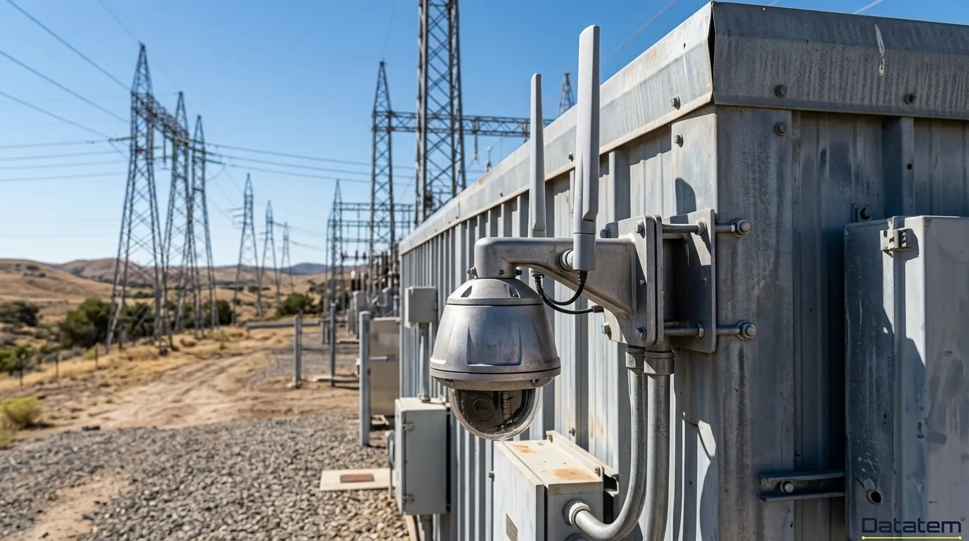 Câmera de segurança sem fio robusta monitorando subestacao eletrica isolada.