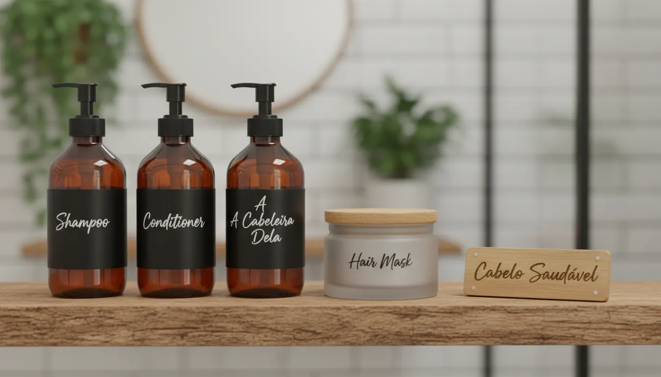 Diversos produtos para cabelo em uma prateleira de madeira. Saiba como um cronograma capilar funciona para manter seus cabelos saudáveis com A Cabeleira Dela.