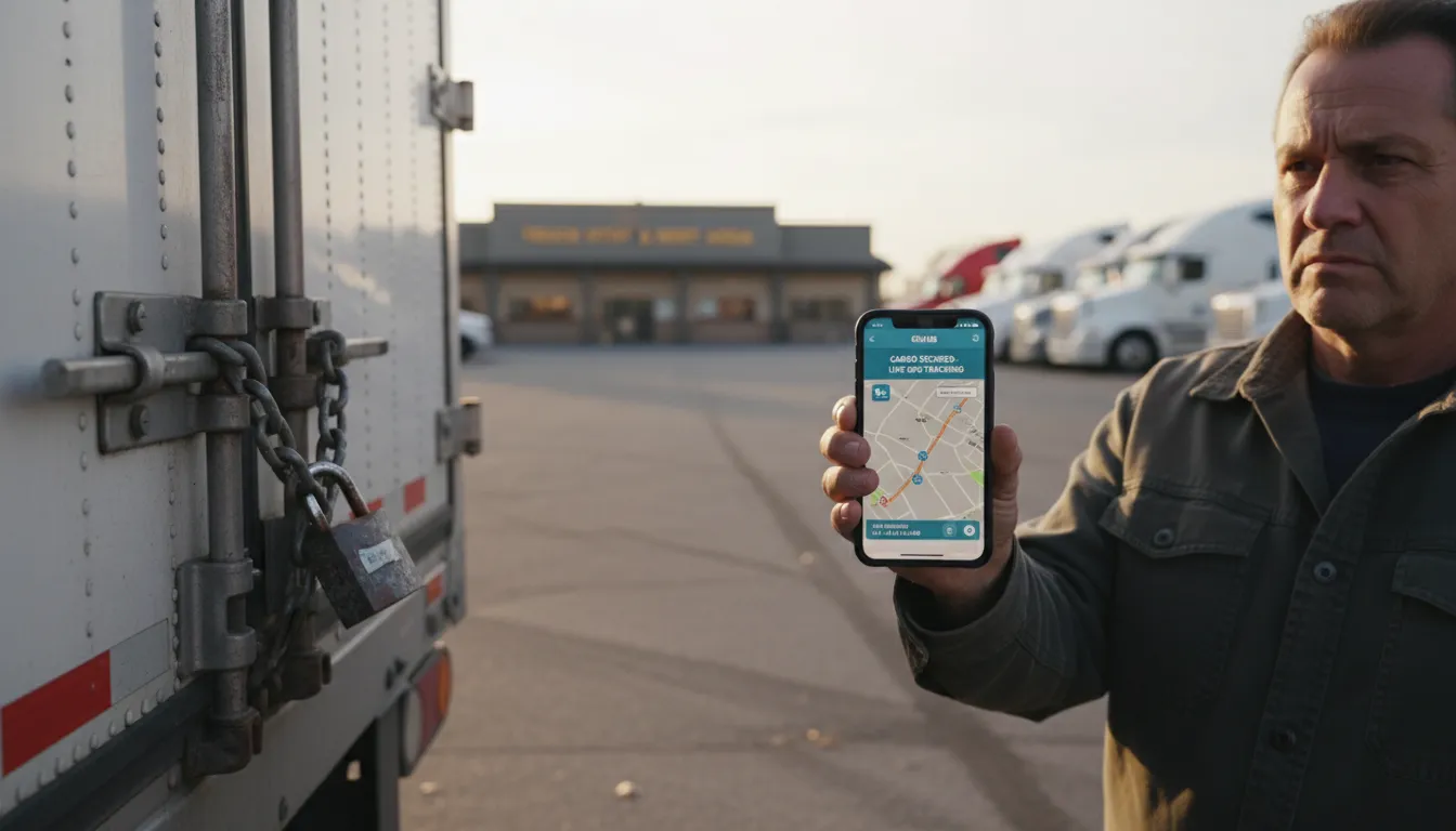 Detalhe de porta de caminhão com cadeado e motorista usando aplicativo de monitoramento em área de descanso.