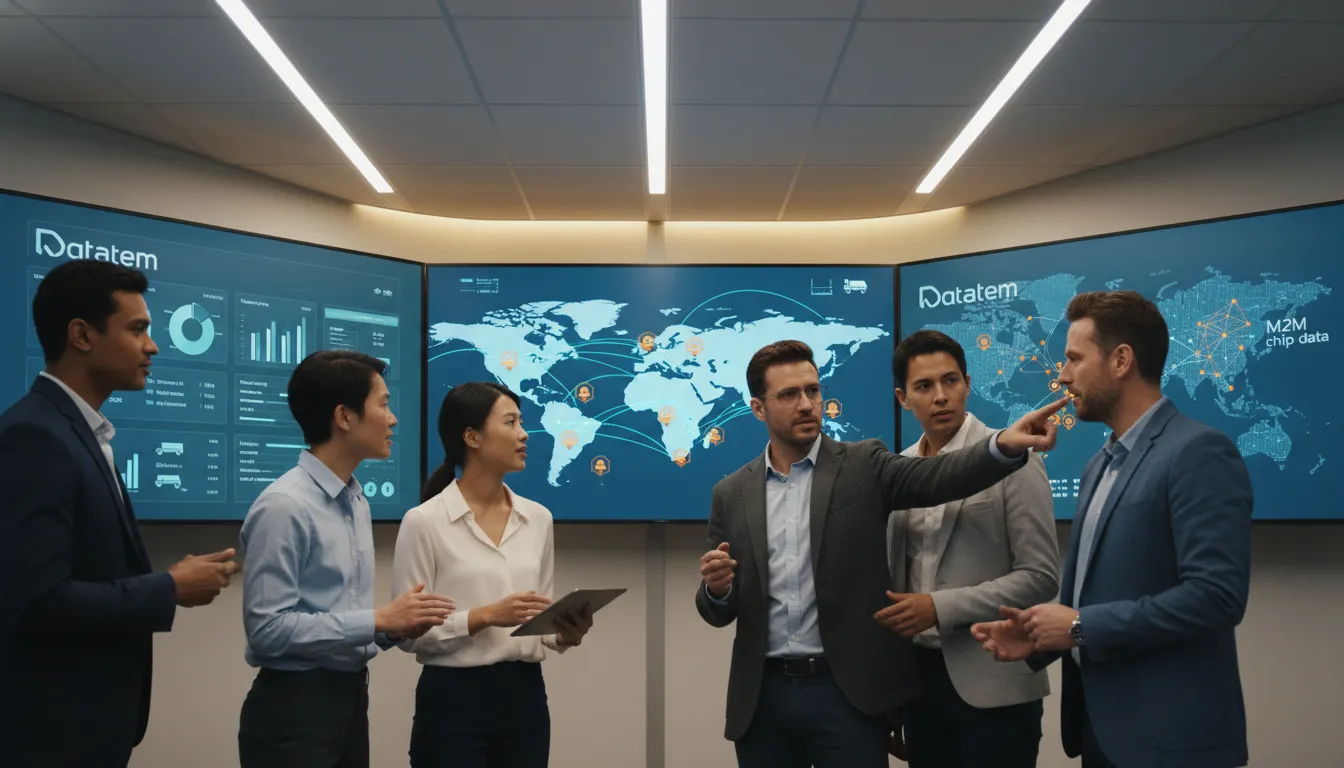 Profissionais Datatem monitoram logística 4.0 em tempo real, usando chips M2M e plataforma de gestão.