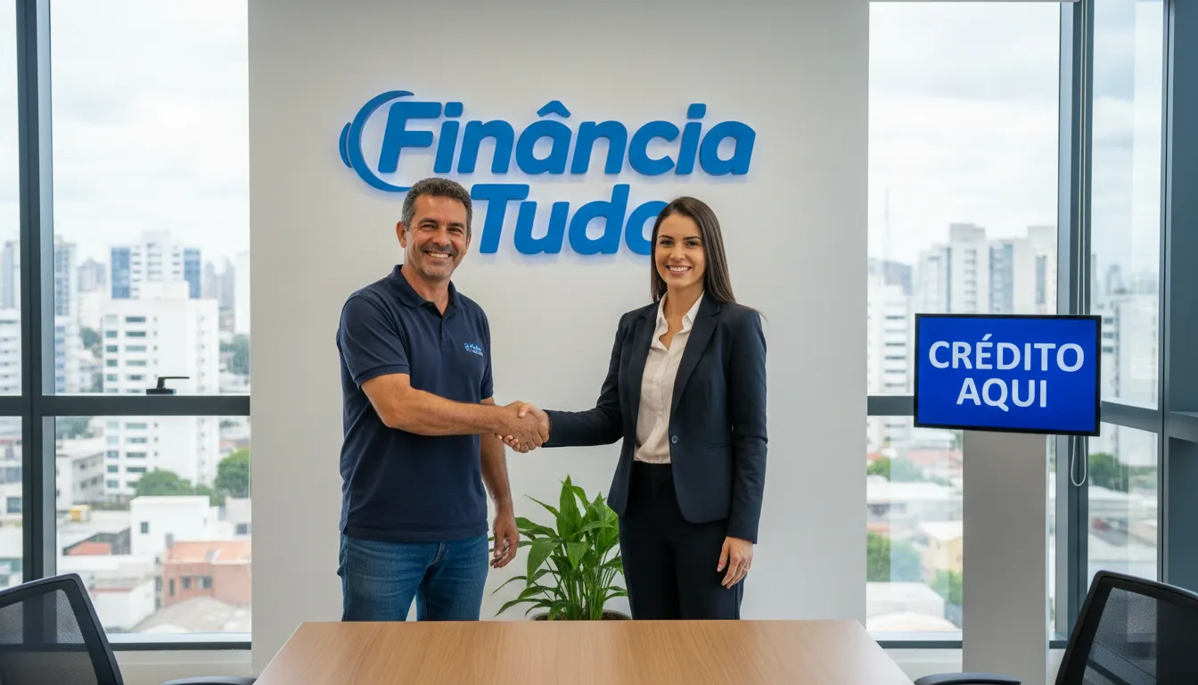 Um proprietário de caminhão feliz apertando a mão de um representante da Financia Tudo, representando a solução para caminhão quitado.