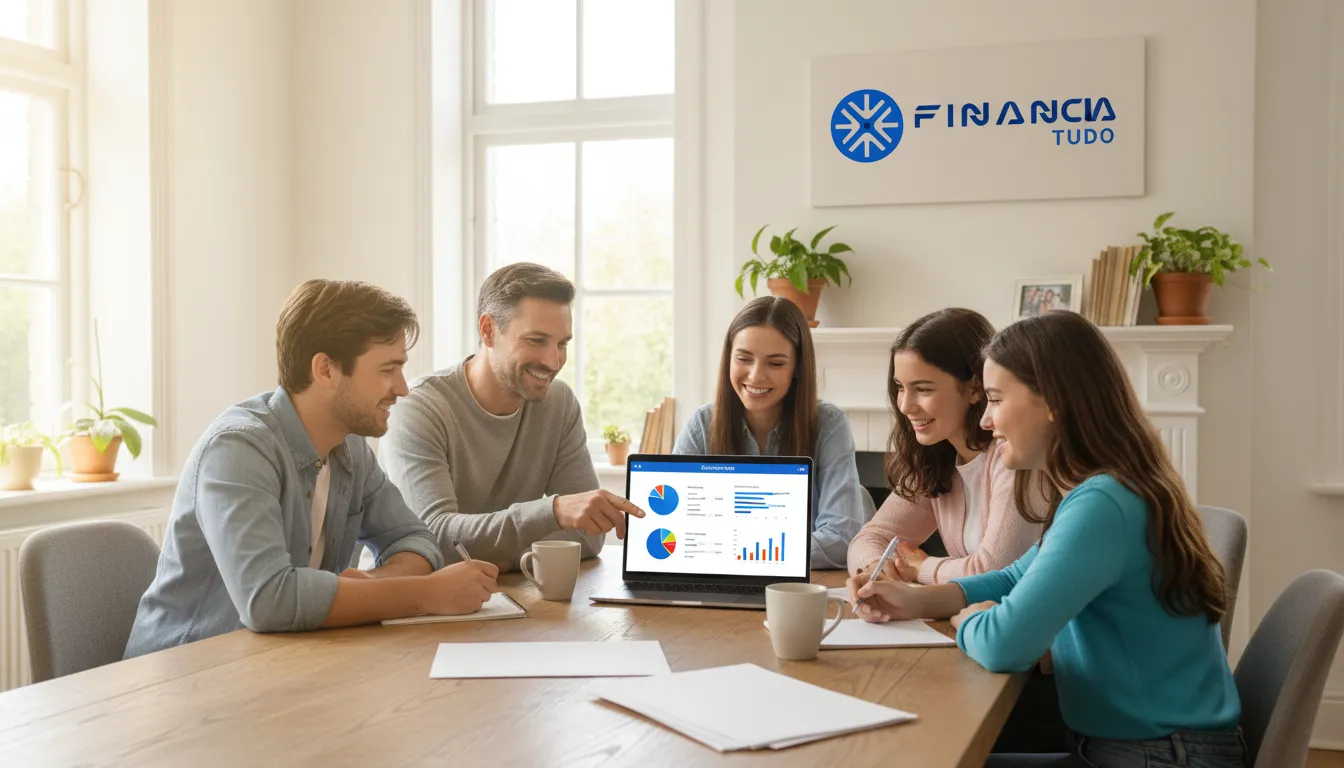 Família planejando as finanças em casa com notebook, buscando crédito com veículo em garantia para realizar sonhos e metas.