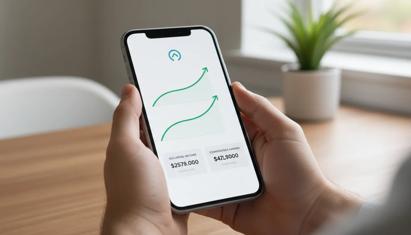 Mãos seguram smartphone exibindo dashboard financeiro, destacando o potencial da renda recorrente de afiliados.
