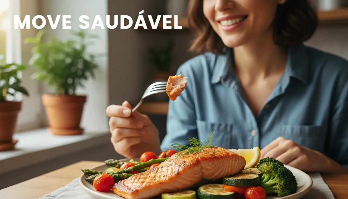 Mulher comendo salmão grelhado, uma refeição rica em ômega 3. Descubra se o ômega 3 vale a pena para sua saúde.