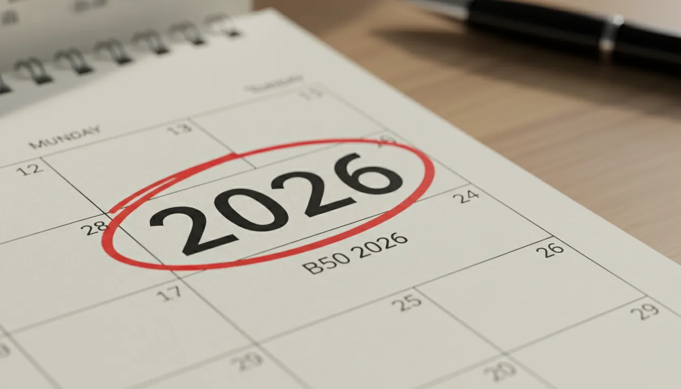 Imagem de um calendário com o ano de 2026 destacado, representando as novas regras de aposentadoria 2026. Artigo da B50.