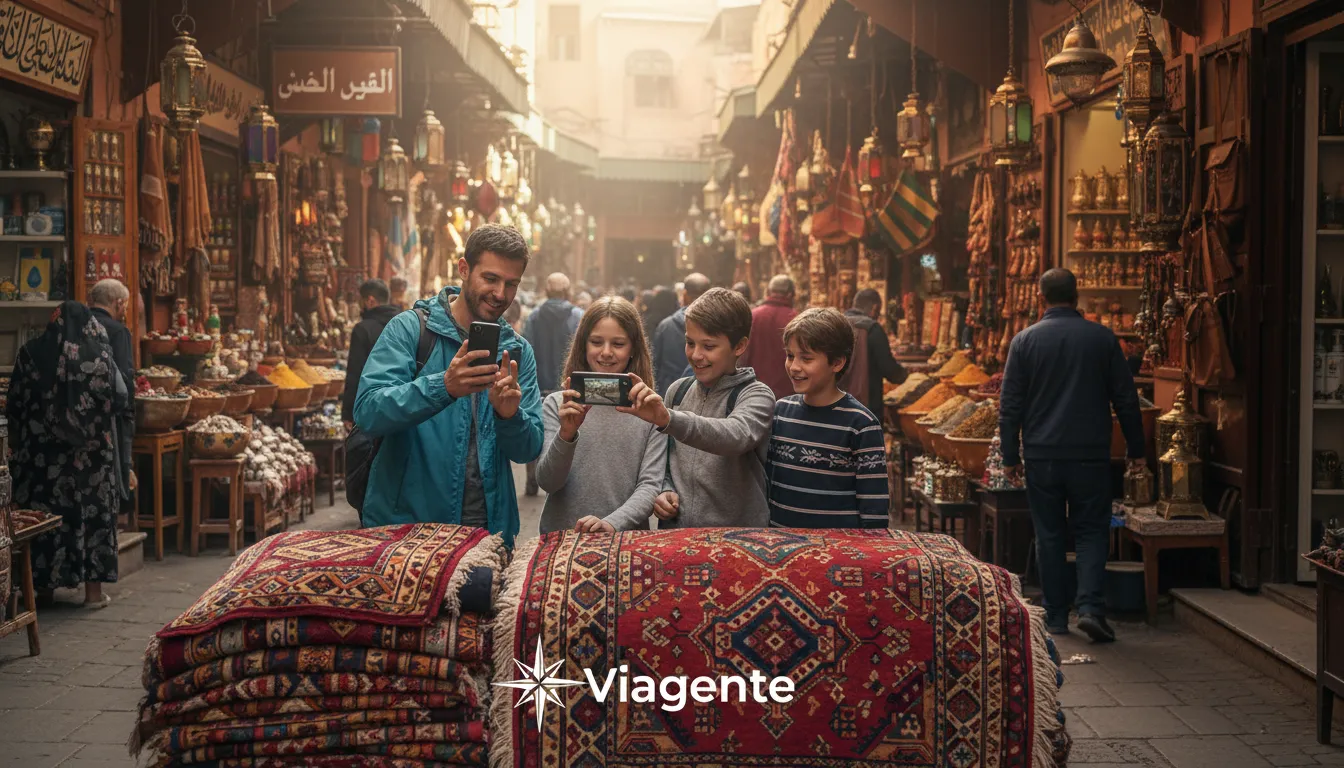 Uma família explorando um mercado em Marrakech, usando seus smartphones para traduzir e navegar, enfatizando a utilidade do chip internacional da Viagente em viagens.