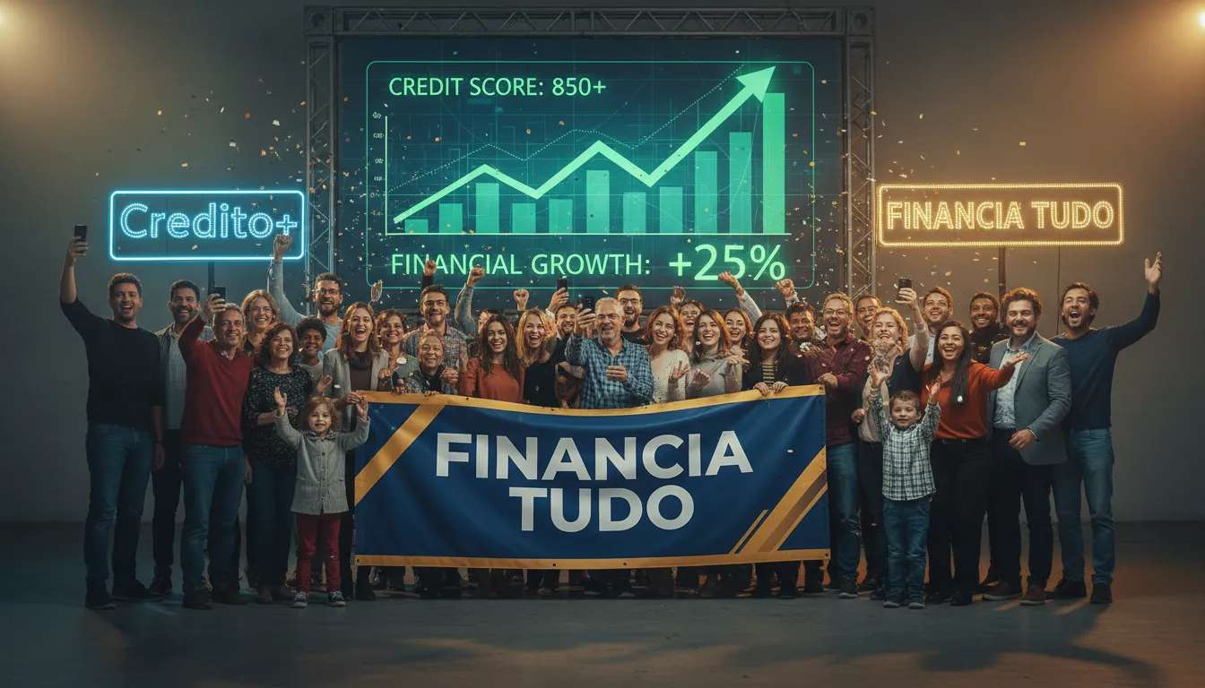 Grupo comemorando sucesso financeiro, com displays mostrando scores de crédito positivos. Reforço visual de como aumentar score com planejamento.