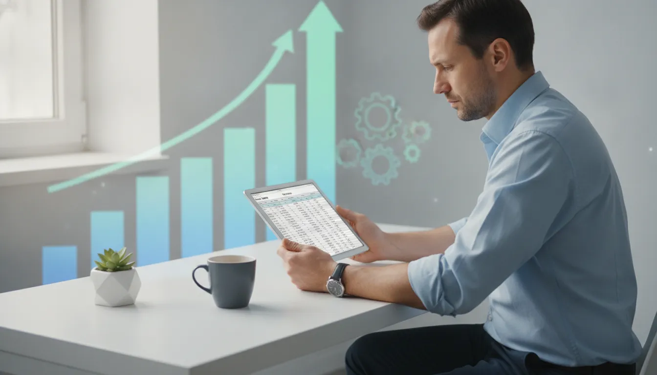 Homem de negócios avalia dados financeiros em tablet, compreendendo o que é planejamento tributário para sua empresa.