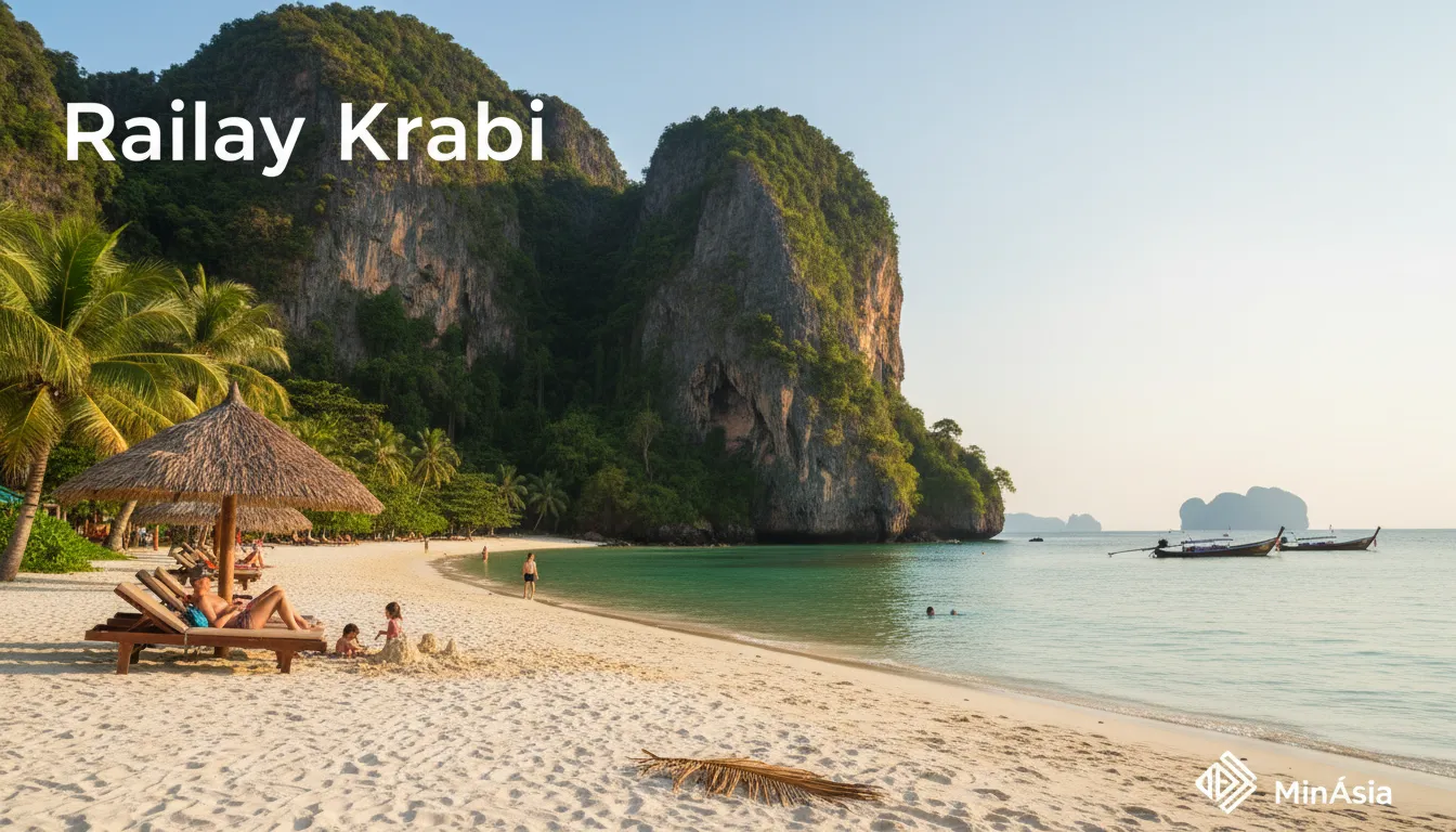 Relaxamento total em Railay Beach, Krabi, uma das mais belas praias da tailândia. Planeje sua viagem com a MinÁsia!