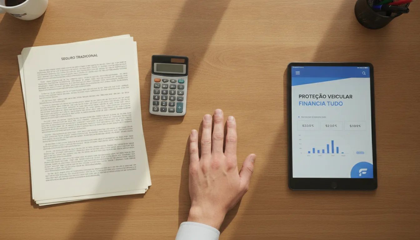 Documentos comparando proteção veicular ou seguro tradicional, com foco em soluções financeiras.